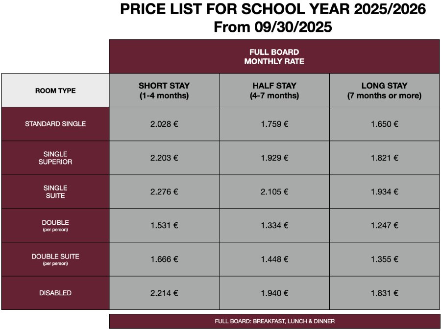 Student Residence Rates Madrid Funway 2023-2024