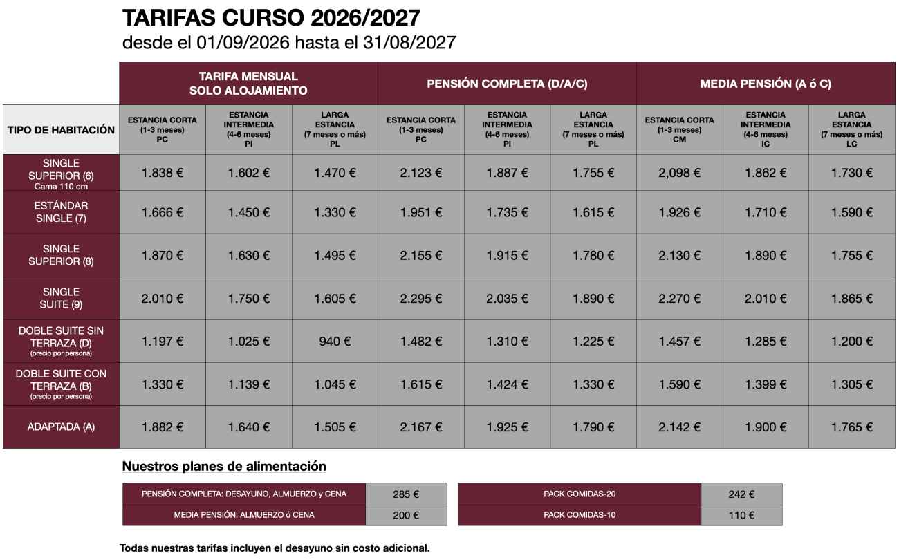 Tarifas residencias universitarias Madrid - 2026-2027